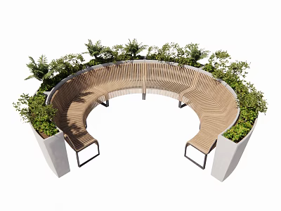 Curved Wooden Landscape Seating With Green Plants And Concrete Planters Outdoor Design 3d model
