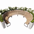 Curved Wooden Landscape Seating With Green Plants And Concrete Planters Outdoor Design