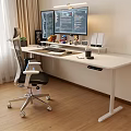 Ergonomic Adjustable White Desk With Dual Monitors Lamp Office Chair And Home Office Setup