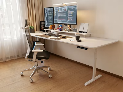 Ergonomic Adjustable White Desk With Dual Monitors Lamp Office Chair And Home Office Setup 3d model