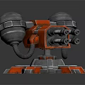 Red Mechanical Turret Weapon with Multiple Barrels and Metallic Base Structure 3d model