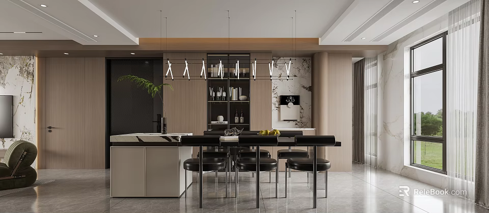 Modern Restaurant Interior With Open Layout Dining Table And Hanging Pendant Lights 3d model