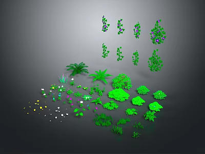 Various Green Plants Collection with Different Types Including Shrubs Grass Ferns and Purple Flowers 3d model