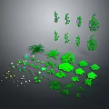 Various Green Plants Collection with Different Types Including Shrubs Grass Ferns and Purple Flowers