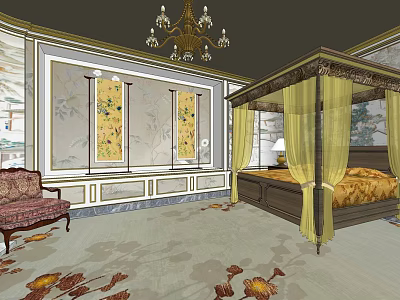Traditional Chinese Cultural Center Interior With Canopy Bed Decorative Paintings And Chandelier 3d model