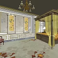 Traditional Chinese Cultural Center Interior With Canopy Bed Decorative Paintings And Chandelier