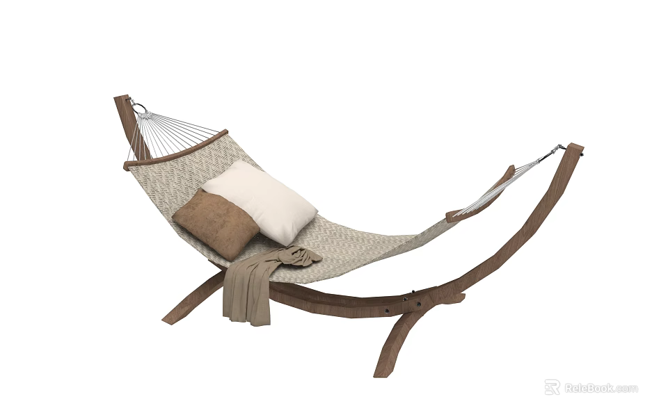 Garden Hammock With Wooden Stand Pillows And Cozy Blanket For Outdoor Relaxation 3d model 