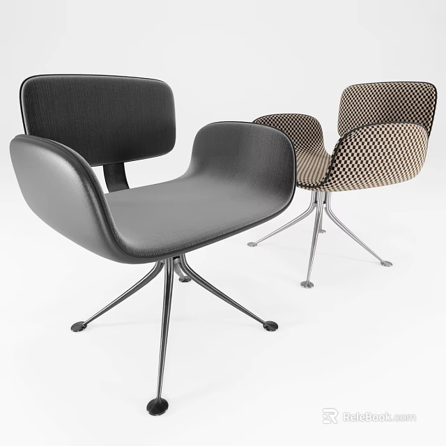 Modern Office Chairs with Black Leather and Checkered Fabric Upholstery and Chrome Metal Base Legs 3d model 