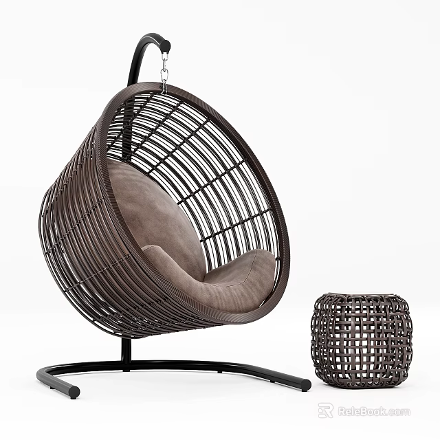 Modern Brown Wicker Hanging Chair with Round Frame Soft Cushion and Woven Side Table 3d model 