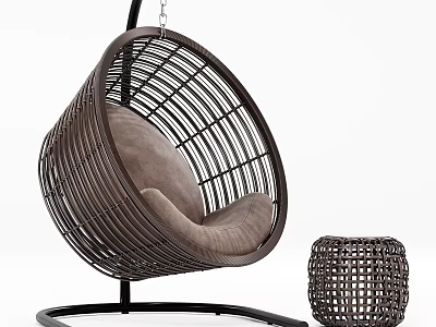 Modern Brown Wicker Hanging Chair with Round Frame Soft Cushion and Woven Side Table 3d model