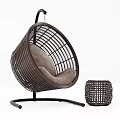 Modern Brown Wicker Hanging Chair with Round Frame Soft Cushion and Woven Side Table