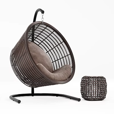 Modern Brown Wicker Hanging Chair with Round Frame Soft Cushion and Woven Side Table 3d model