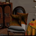Yellow Floral Decorative Pillows on Vintage Wooden Chair with Floral Tablecloth Wine and White Orchid