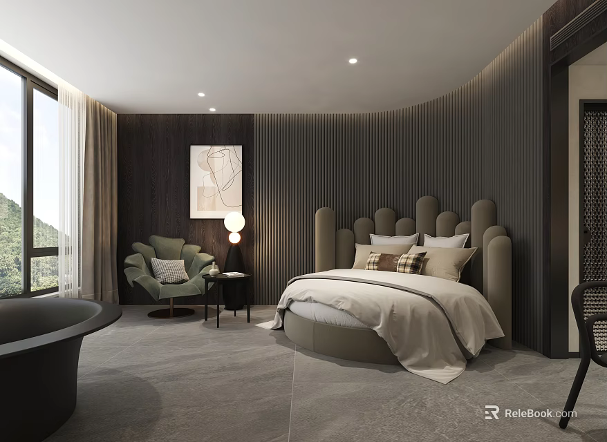 Modern Hotel Room Interior With Unique Headboard Green Armchair Window View And Bathtub 3d model 