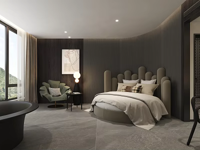Modern Hotel Room Interior With Unique Headboard Green Armchair Window View And Bathtub 3d model