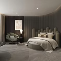 Modern Hotel Room Interior With Unique Headboard Green Armchair Window View And Bathtub