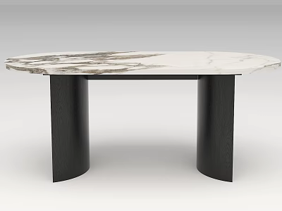 Modern Minimalist Marble Dining Table with Black and White Veining and Black Cylindrical Legs 3d model