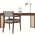 Modern Wooden Desk And Chair Set With Rattan Panels Upholstered Seat And Table Lamp