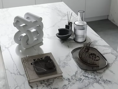 Decorative Ornament Set With White Spiral Sculpture Black Diffuser And Metal Tray On Marble Countertop 3d model