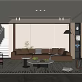Modern Minimalist Living Room With Beige Sofa Throw Pillows Orange Armchair Coffee Table And Rug