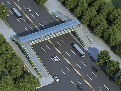 Glass Roof Pedestrian Bridge Over Road With Buses Cars And Trees 3d model