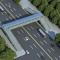 Glass Roof Pedestrian Bridge Over Road With Buses Cars And Trees