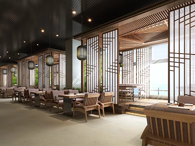 Traditional Chinese Restaurant Interior With Wooden Furniture Lattice Screens Hanging Lanterns And Natural Light 3d model