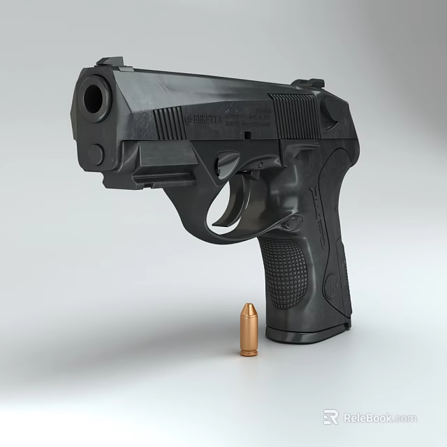 Realistic Black Tactical Handgun Weapon With Detailed Grip And Brass Bullet 3d model 