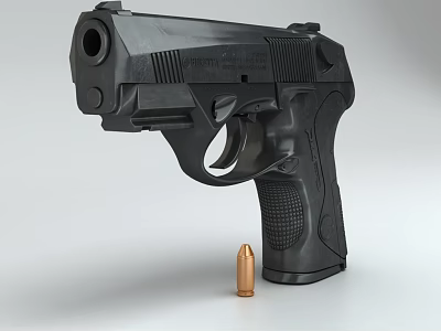 Realistic Black Tactical Handgun Weapon With Detailed Grip And Brass Bullet 3d model