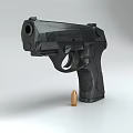 Realistic Black Tactical Handgun Weapon With Detailed Grip And Brass Bullet