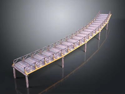 Curved Wooden Landscape Bridge With Railings And Support Pillars Design 3d model
