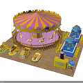 Colorful Amusement Park Carousel Featuring Small Train Rides And Blue Playground Equipment