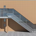Outdoor Escalator with Glass Railings Connecting Building Entrance and Emergency Exit Sign