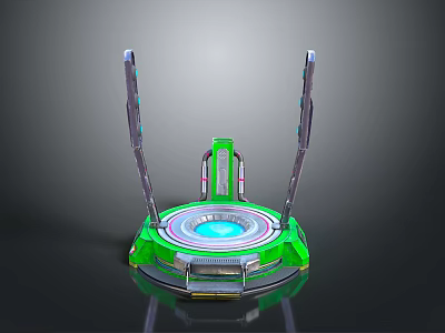 Futuristic Landscape With Green Base Blue Circular Area And Tall Metal Poles 3d model