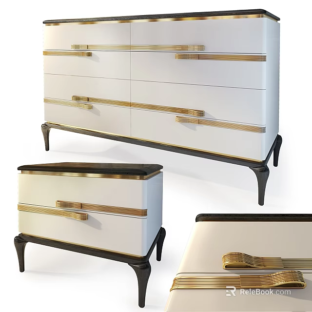 Modern White Chest of Drawers With Golden Handles Black Legs and Trim 3d model 