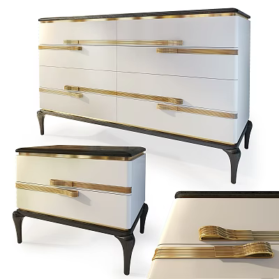 Modern White Chest of Drawers With Golden Handles Black Legs and Trim 3d model