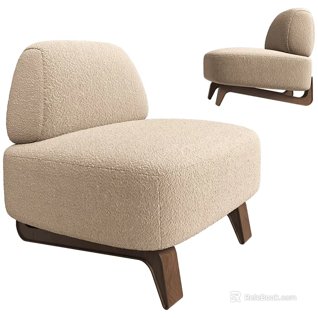 Beige Fluffy Accent Chair In Modern Style With Soft Fabric And Wooden Legs 3d model 