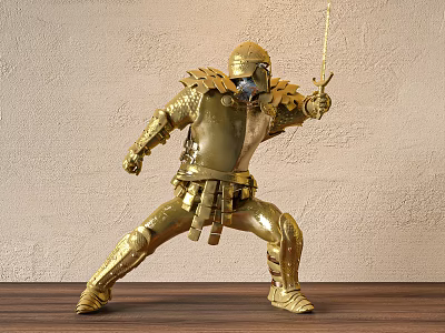Golden Knight Sculpture In Battle Pose With Armor Holding Sword And Beige Wall Wooden Floor 3d model