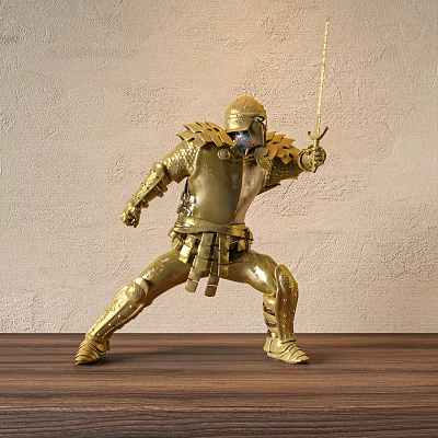 Golden Knight Sculpture In Battle Pose With Armor Holding Sword And Beige Wall Wooden Floor 3d model