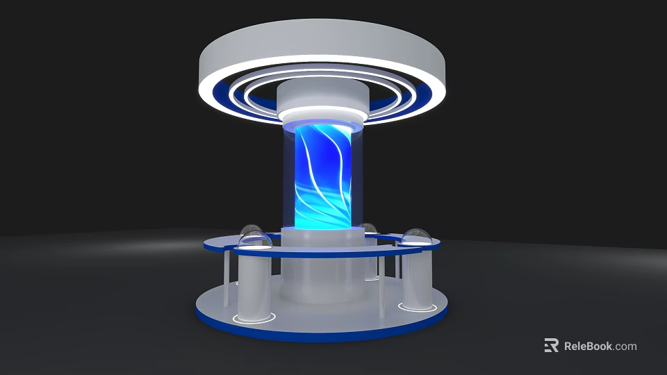 Modern Exhibition Island With Circular White Design And Illuminated Blue Light Accents 3d model 