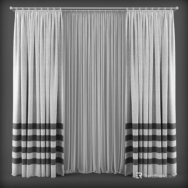 Modern Gray Fabric Curtain With Black And White Striped Bottom Design 3d model 