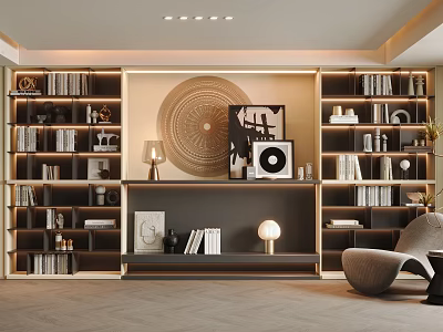 Stylish Modern Study Room Interior With Built-in Bookshelves Books Circular Wall Decor And Accent Chair 3d model