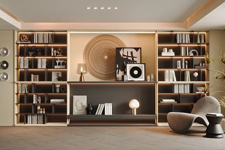 Modern French Style Casual Study Whole Wall Bookcase Display Cabinet Fireplace Leisure Room Study TV Wall 3d model
