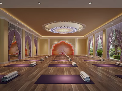 Spacious Yoga Studio With Arranged Yoga Mats Wooden Floors And Decorative Wall Chandelier 3d model