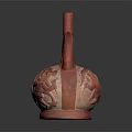 Ancient Red Ceramic Vessel With Loop Handle And Intricate Carved Figures