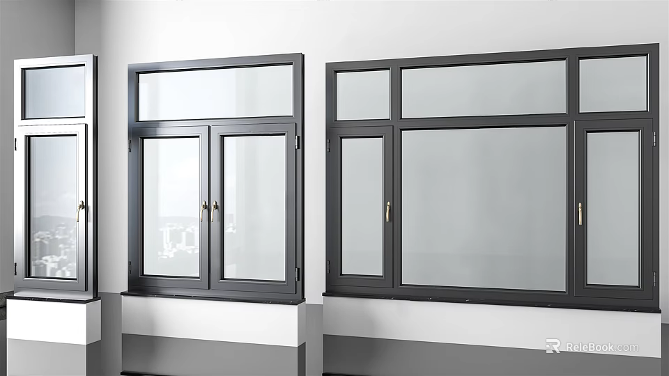 Modern Black Frame Windows With Glass Panels On White Wall Design 3d model 