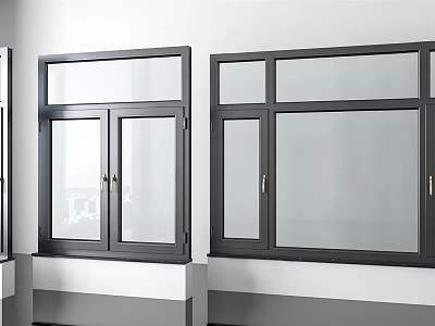 Modern Black Frame Windows With Glass Panels On White Wall Design 3d model