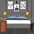 Background Double Bed With Yellow Table Lamps Nightstands Decorative Wall Art And Stools 3d model
