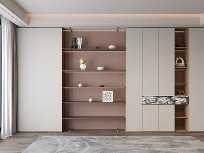 Modern Open Bookcase Interior Design With Decorative Shelves And Display Items 3d model