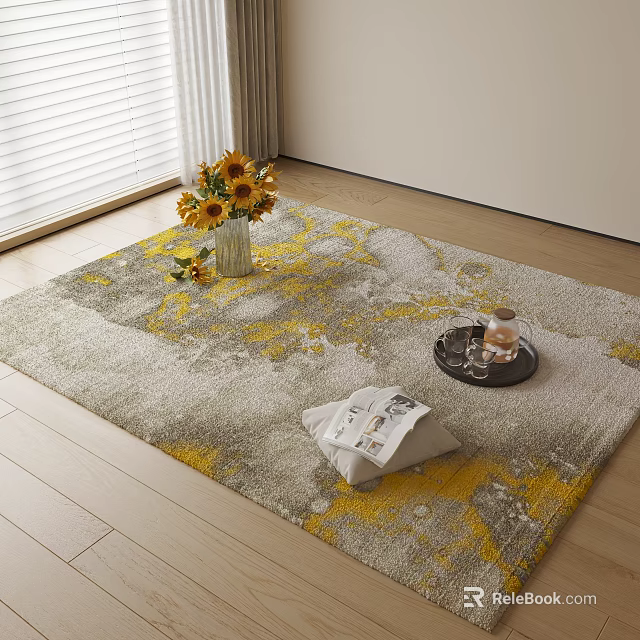 Square Gray and Yellow Pattern Rug with Sunflowers in Vase Tray and Magazine on Floor 3d model 
